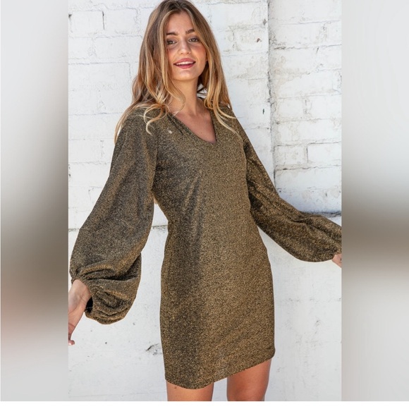 SUGARFOX V Neck Bubble Sleeve Gold Glitter Bodycon Dress size 2x NWOT - Picture 6 of 8